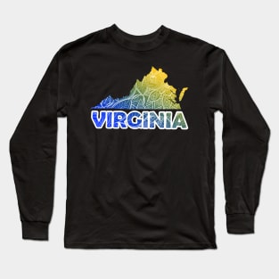 Colorful mandala art map of Virginia with text in blue and yellow Long Sleeve T-Shirt
